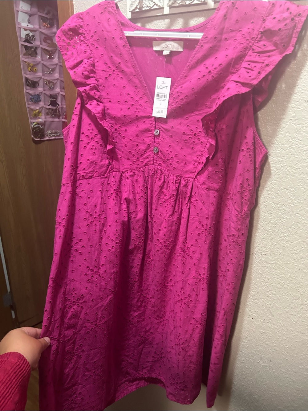 LOFT Pink Eyelet Midi Dress with Ruffle Cap Sleeves